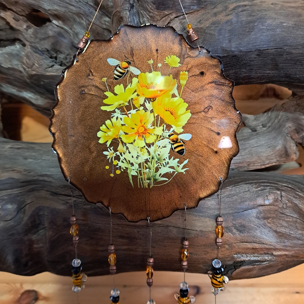 Vibrant Yellow Floral and Bee Mixed Media Art Suncatcher